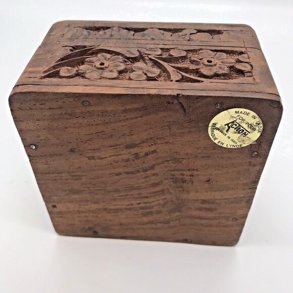 Vintage Hand Carved Wooden Box Inlay Flower Leaves Made In India Hinged Square - Picture 12 of 15